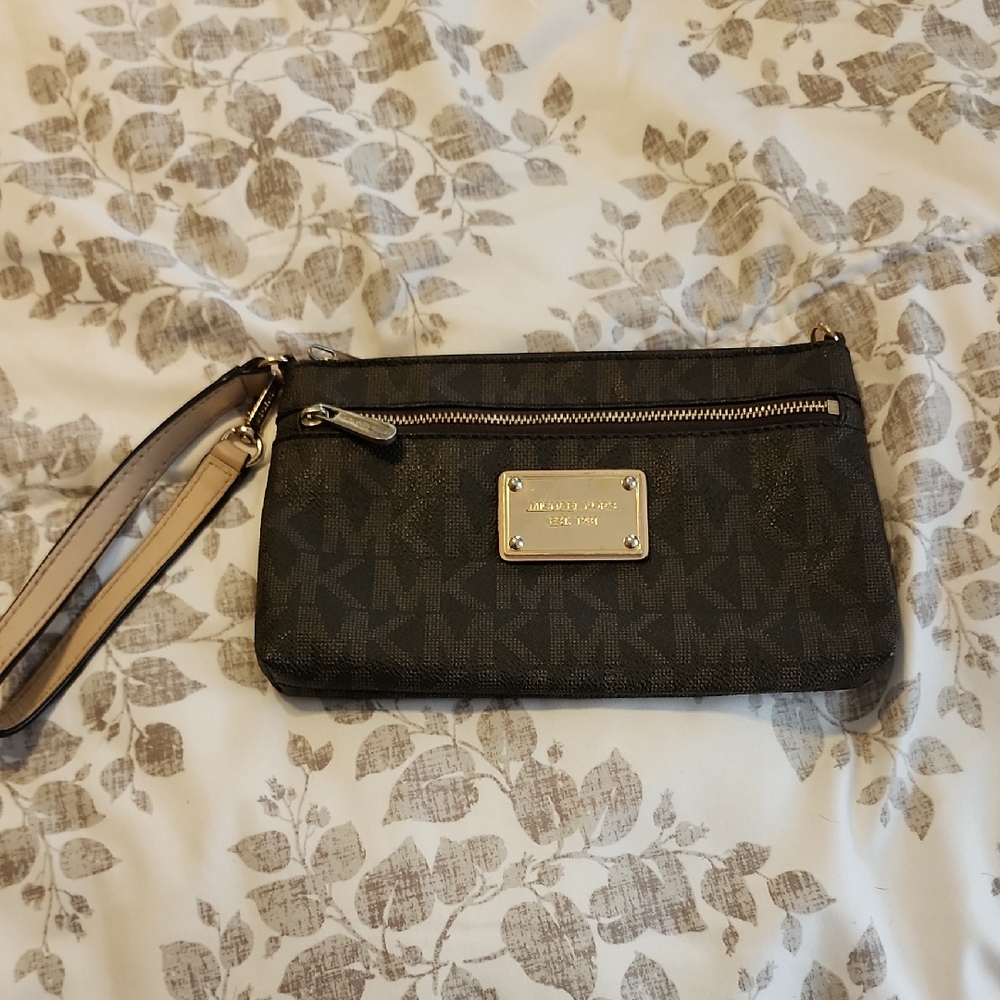 Michael Kors Dark Brown MK Logo Wristlet with Gold Plate